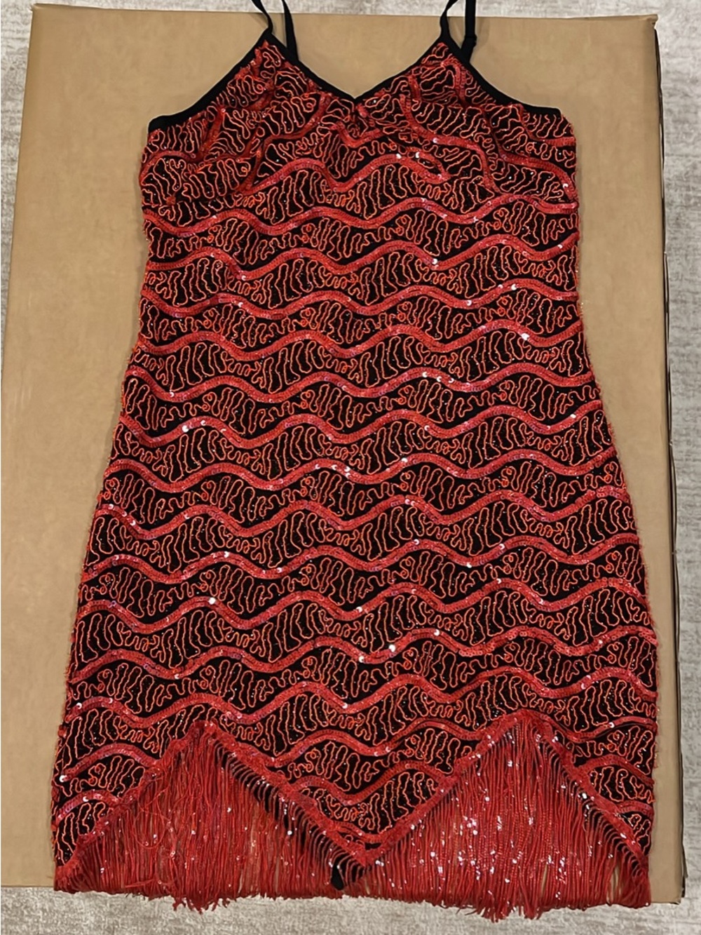 Red Sequin Fringe Slip Dress - Brand: